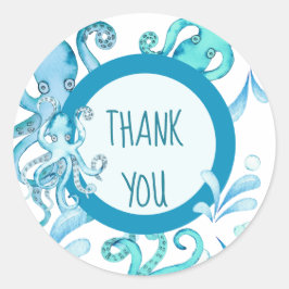 Pegatina Redonda Azul y Verde azulada acuarela Opulpo en el mar Beb