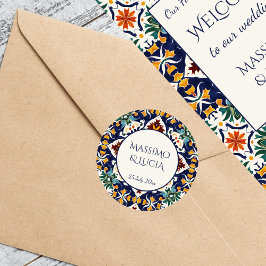 Pegatina Redonda Azulejo azul boda portugués mediterráneo