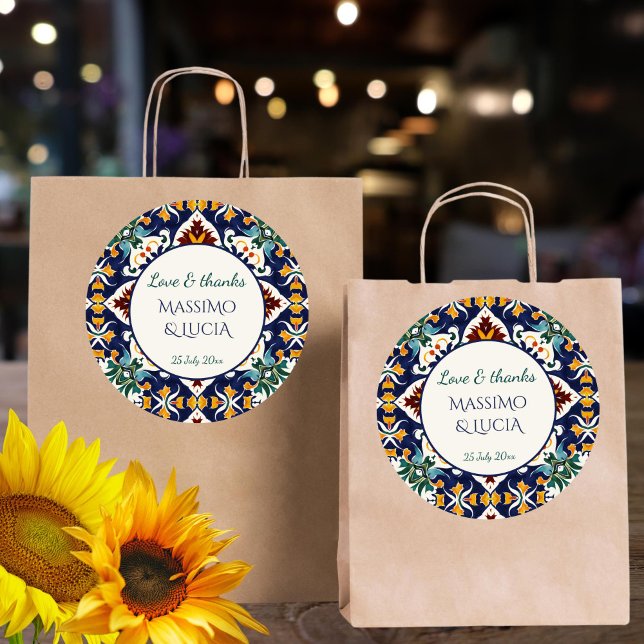 Pegatina Redonda Azulejo azul Portugal Mediterráneo (Azulejo blue Portuguese talavera  tiles Mediterranean wedding thank you favor Sticker)