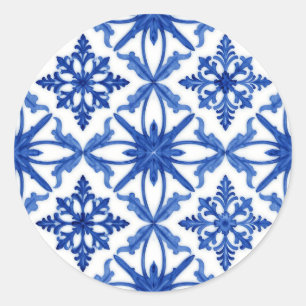 Pegatina Redonda Azulejo de baldosas Floral Azul Blanco Patrón