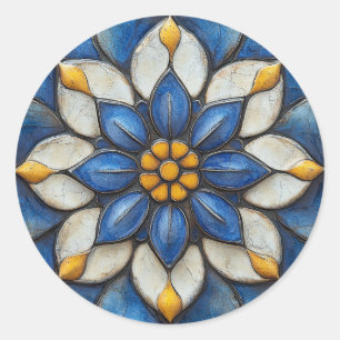 Pegatina Redonda Azulejo floral Blanco azul y amarillo