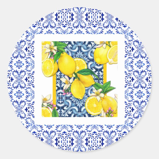 Pegatina Redonda Azulejo grecia azulejos portugueses limón verano (Anverso)