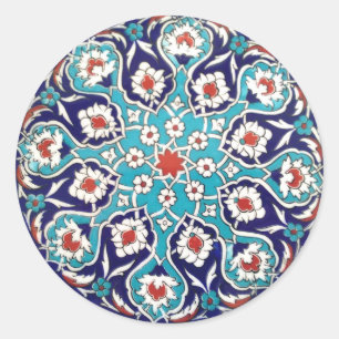 Pegatina Redonda Azulejo Mosaico Floral Antiguo Turquesa