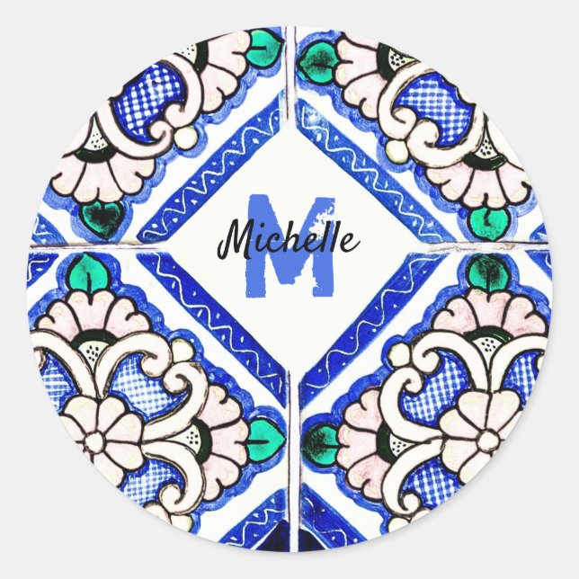 Pegatina Redonda Azulejo Patrón Español Mosaicos Naval Monograma Bl (Anverso)