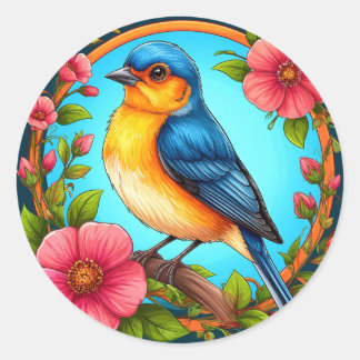 Pegatina Redonda Azulejo y flores para amantes de las aves