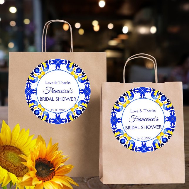 Pegatina Redonda Azulejos azules de Talavera ducha de novia favorec (Talavera azulejo blue yellow tiles bridal shower thank you favor sticker bridal shower favors)