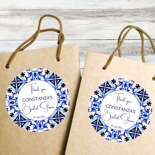 Pegatina Redonda Azulejos azules de Talavera regalo para despedida  (Talavera blue tiles Mediterranean vintage Mexican bridal shower thank you favor Sticker template )