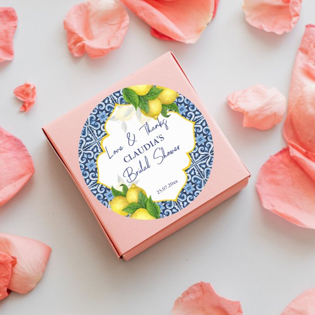 Pegatina Redonda Azulejos azules limón Amalfi fiesta gracias (Blue tiles lemon Amalfi party thank you favor Sticker Italian themed bridal shower favor stickers)