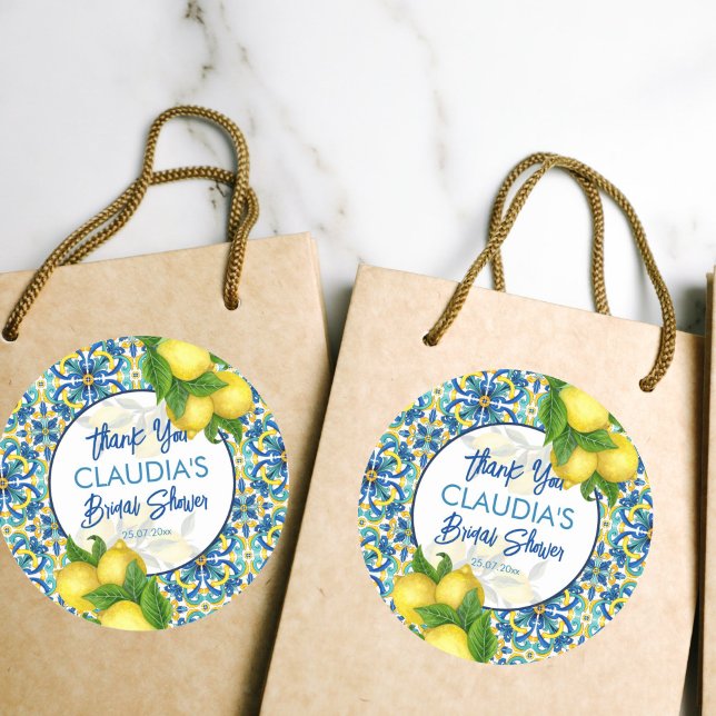 Pegatina Redonda Azulejos azules limón Amalfi Positano despedida de (Blue tiles lemon Amalfi Positano bridal shower favor Sticker thank you gift stickers)