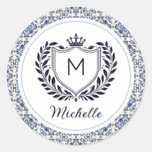 Pegatina Redonda Azulejos Azules Monogram Modernos Portugueses