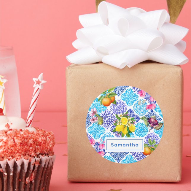 Pegatina Redonda Azulejos de cítricos sicilianos florales mediterrá (Fiesta)