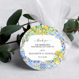 Pegatina Redonda Azulejos de Limón Mediterráneos | Favor de Boda