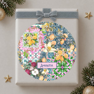 Pegatina Redonda Azulejos florales cítricos sicilianos azules y ros