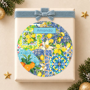 Pegatina Redonda Azulejos florales cítricos sicilianos turquesa azu