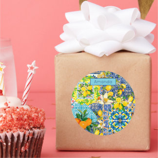 Pegatina Redonda azulejos florales de cítricos sicilianos azul moda