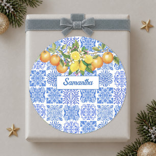 Pegatina Redonda Azulejos mediterráneos de cítricos amarillo azul s