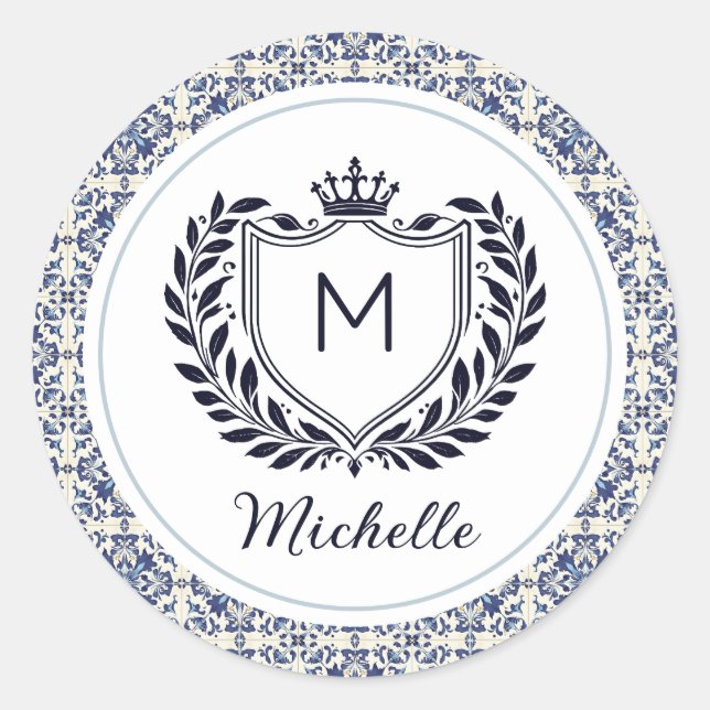 Pegatina Redonda Azulejos Modernos de Porcelana Portuguesa Monogram (Anverso)