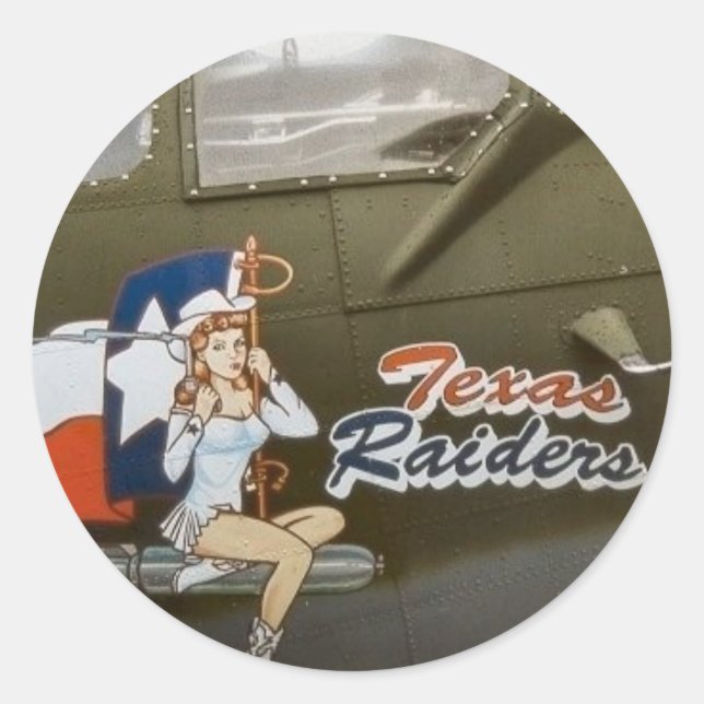 Pegatina Redonda B17 Texas Raiders Nose Art (Anverso)