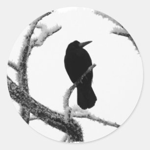 Pegatina Redonda B&W Winter Raven Edgar Allan Poe