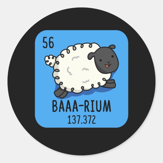 Pegatina Redonda Ba-rium Funny Sheep Chemistry Pun Dark BG (Anverso)