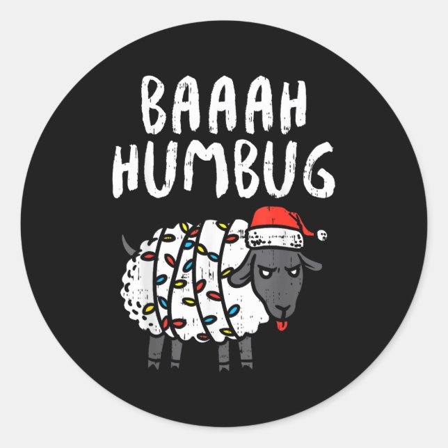 Pegatina Redonda Baaah Humbug Sheep Xmas Lights Funny Anti Christma (Anverso)