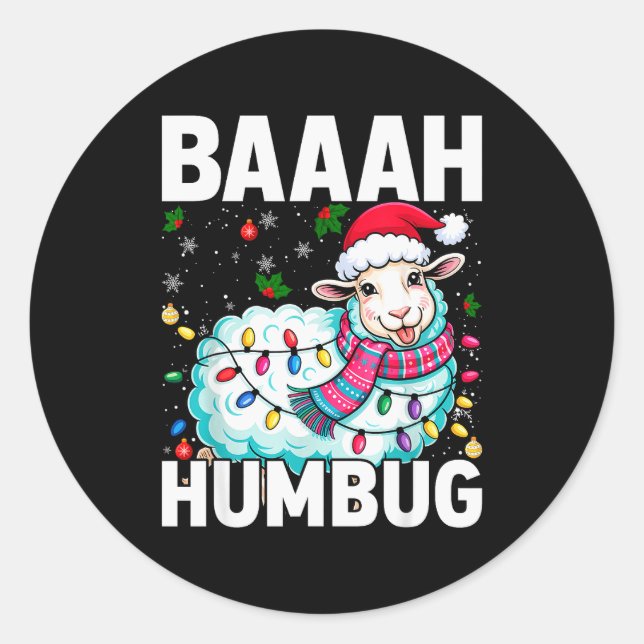 Pegatina Redonda Baaah Humbug Sheep Xmas Lights Funny Anti Christma (Anverso)