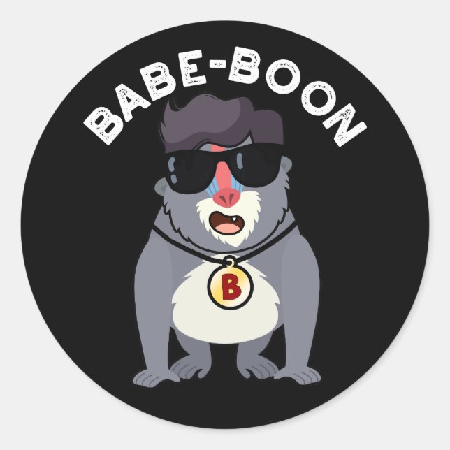 Pegatina Redonda Babe-boon Gracioso Animal Monkey Baboon Pun Dark B (Anverso)
