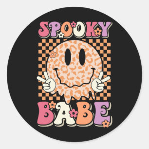 Pegatina Redonda Babe Groovy Halloween Leopard Sonríe Cara revisada