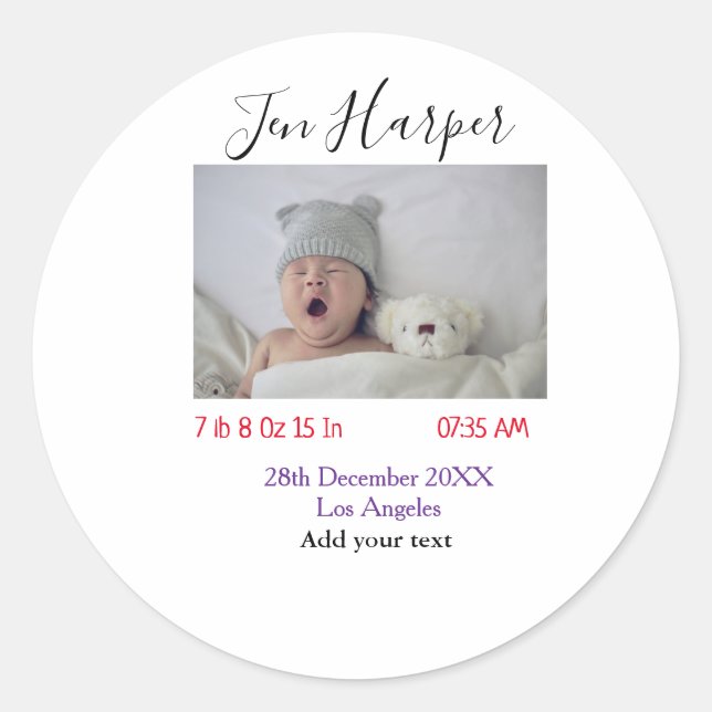 Pegatina Redonda Baby birth stats add name place date keepsake memo (Anverso)