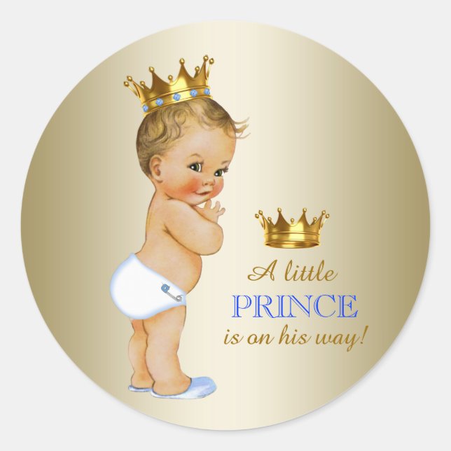 Pegatina Redonda Baby Blue and Gold Prince Baby Shower (Anverso)