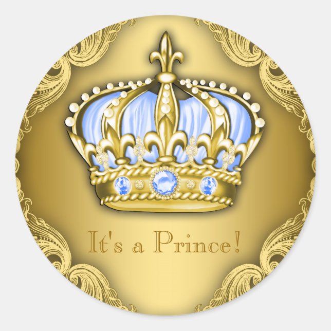 Pegatina Redonda Baby Blue and Gold Prince Baby Shower (Anverso)
