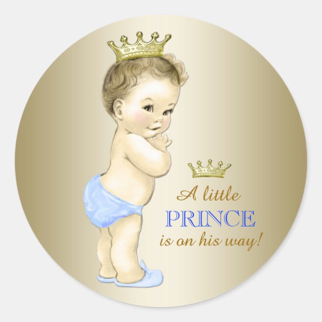 Pegatina Redonda Baby Blue and Gold Prince Baby Shower (Anverso)