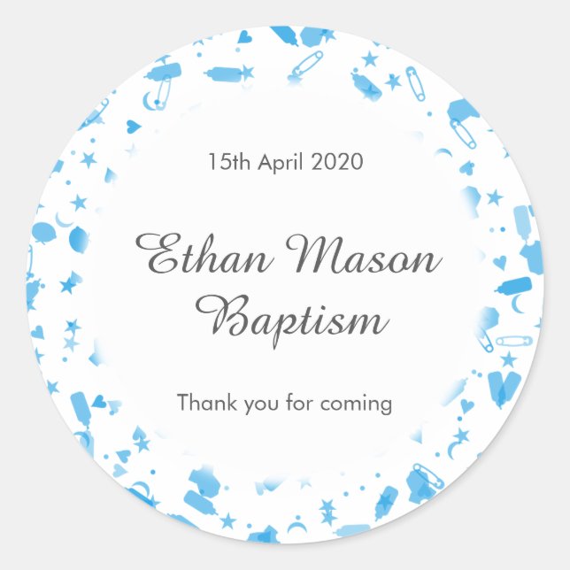 Pegatina Redonda Baby Blue Confetti Baptism Christening Favor (Anverso)