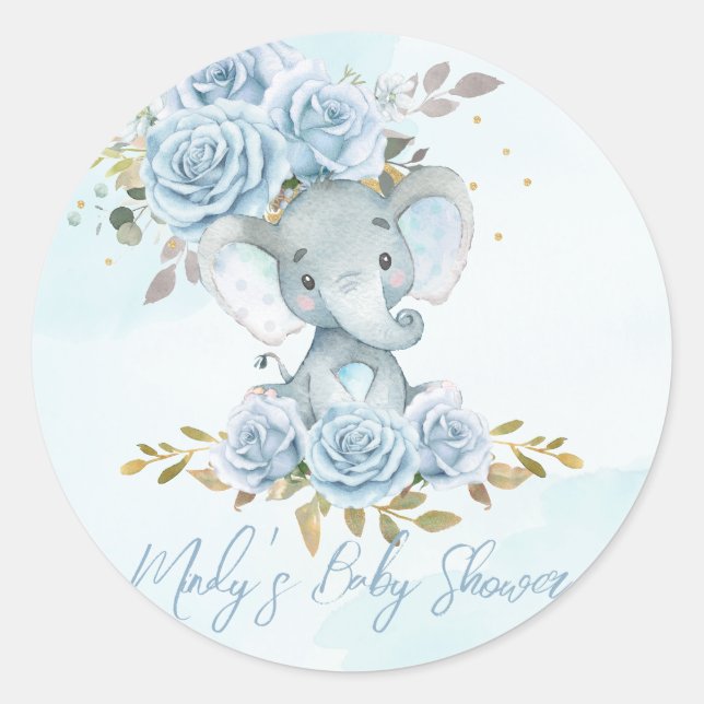 Pegatina Redonda Baby Blue Floral Cute Elephant Boy Baby Shower (Anverso)