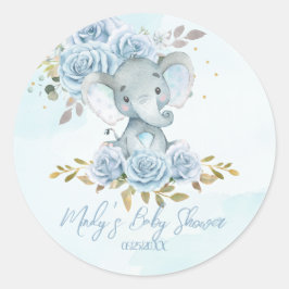 Pegatina Redonda Baby Blue Floral Cute Elephant Boy Baby Shower Cla