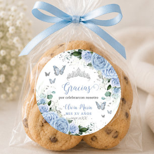 Pegatina Redonda Baby Blue Floral Mariposas Quinceañera Dulces 16