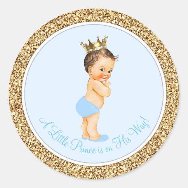 Pegatina Redonda Baby Blue Gold Prince Baby Shower (Anverso)