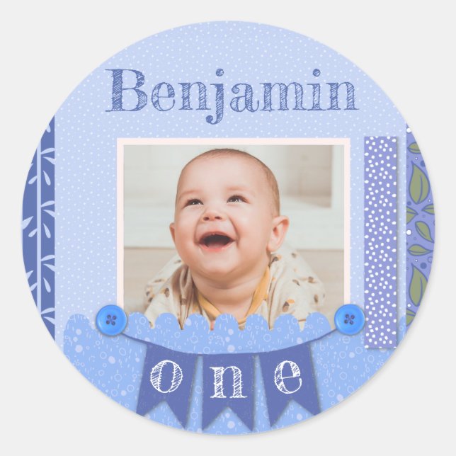 Pegatina Redonda Baby Boy 1ᵉʳ Nacimiento Blue Scrapbook (Anverso)