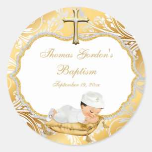 Pegatina Redonda Baby Boy Baptism Gold Cross
