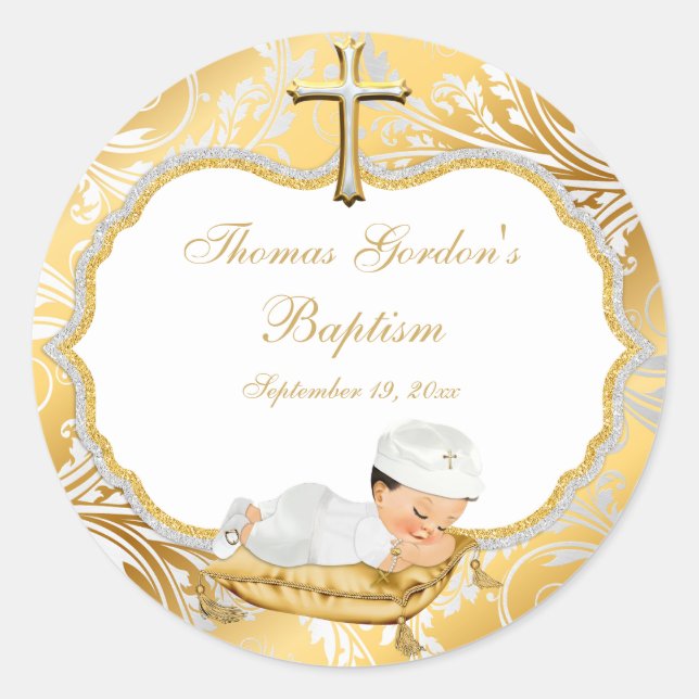 Pegatina Redonda Baby Boy Baptism Gold Cross (Anverso)