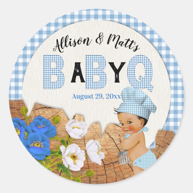 Pegatina Redonda Baby Boy Blue Gingham Wood Floral Baby Q BBQ (Anverso)