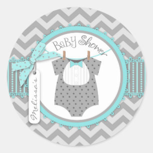 Pegatina Redonda Baby Boy Bow Tie Chevron Print Baby Shower