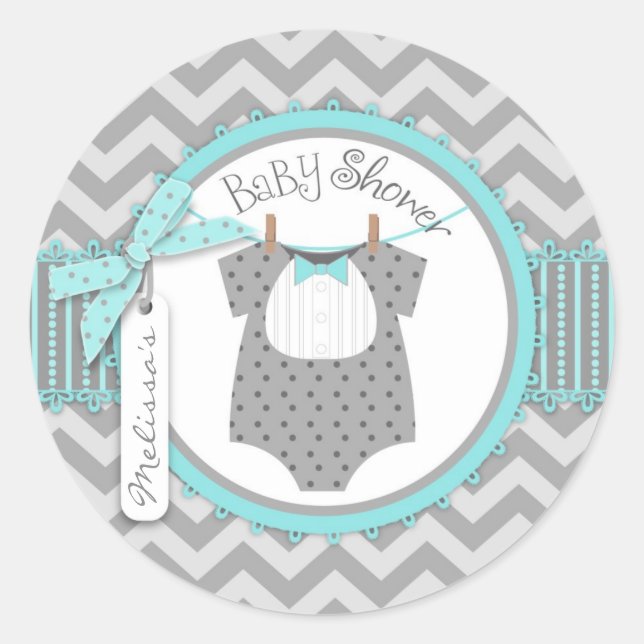 Pegatina Redonda Baby Boy Bow Tie Chevron Print Baby Shower (Anverso)