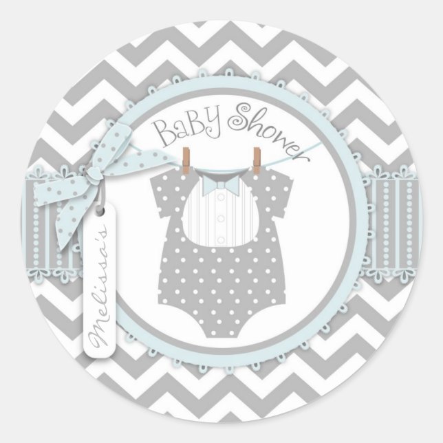 Pegatina Redonda Baby Boy Bow Tie Chevron Print Baby Shower (Anverso)