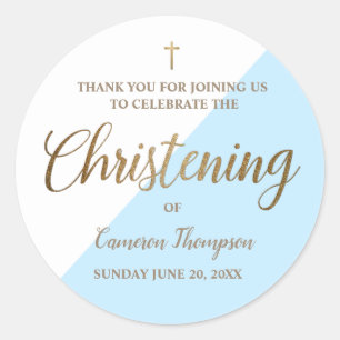 Pegatina Redonda Baby Boy Christening azul personalizado gracias