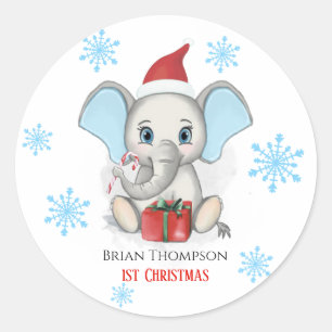 Pegatina Redonda Baby Boy First Christmas Cute Elephant Holidays