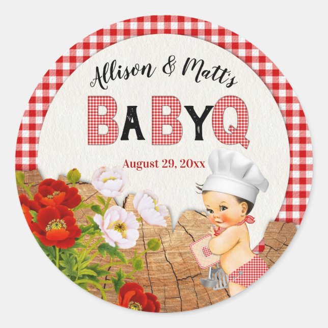 Pegatina Redonda Baby Boy Red Gingham Wood Floral Baby Q BBQ (Anverso)