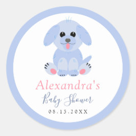 Pegatina Redonda Baby Boy Shower Blue Puppy Personalizado