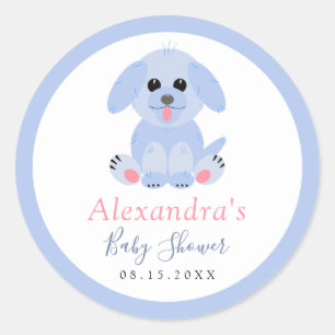 Pegatina Redonda Baby Boy Shower Blue Puppy Personalizado