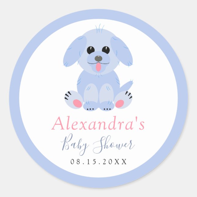 Pegatina Redonda Baby Boy Shower Blue Puppy Personalizado (Anverso)